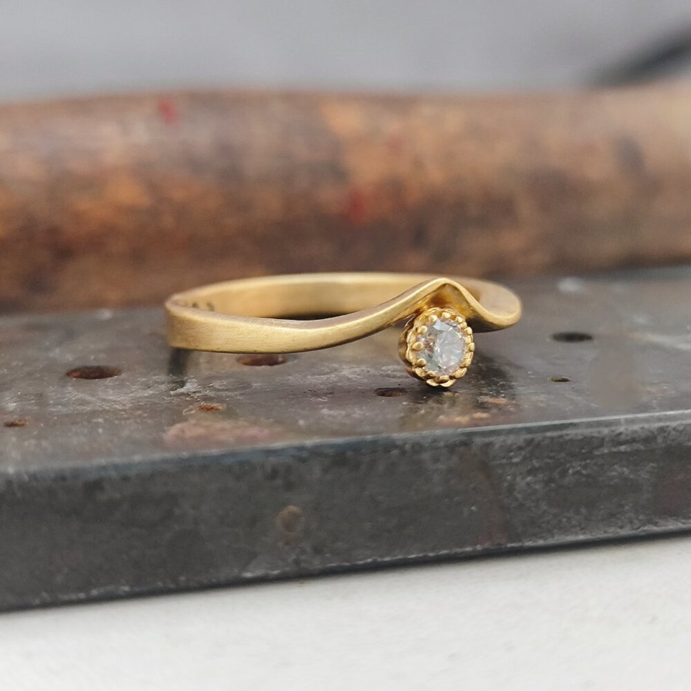 14K Solid Gold Ring with Diamond | Handmade ring | Wave design ring